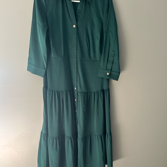 Nina Leonard Green Pleated Cuffed Shirt Dress - Picture 2 of 6